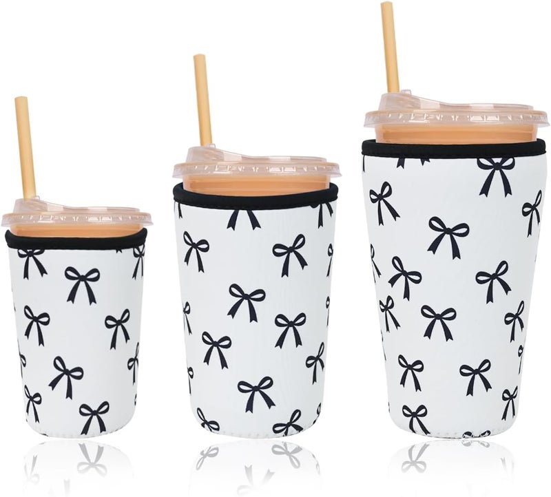 Haevola Reusable Insulated Neoprene Iced Coffee Cup Sleeve, Durable Drink Sleeve for Cold Beverages, Beverage Holder for Iced Coffee, Black Bow - Image 1